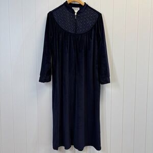 Vintage Growtuft Women Grannycore Soft Velour House Robe Size XL Navy Loungewear
